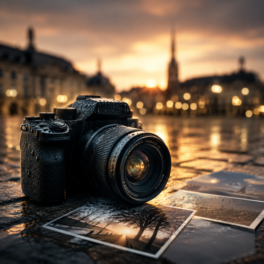 Illustration représentant l'univers photographique de Morfredus avec un appareil photo et des tirages dans une ambiance chaleureuse.