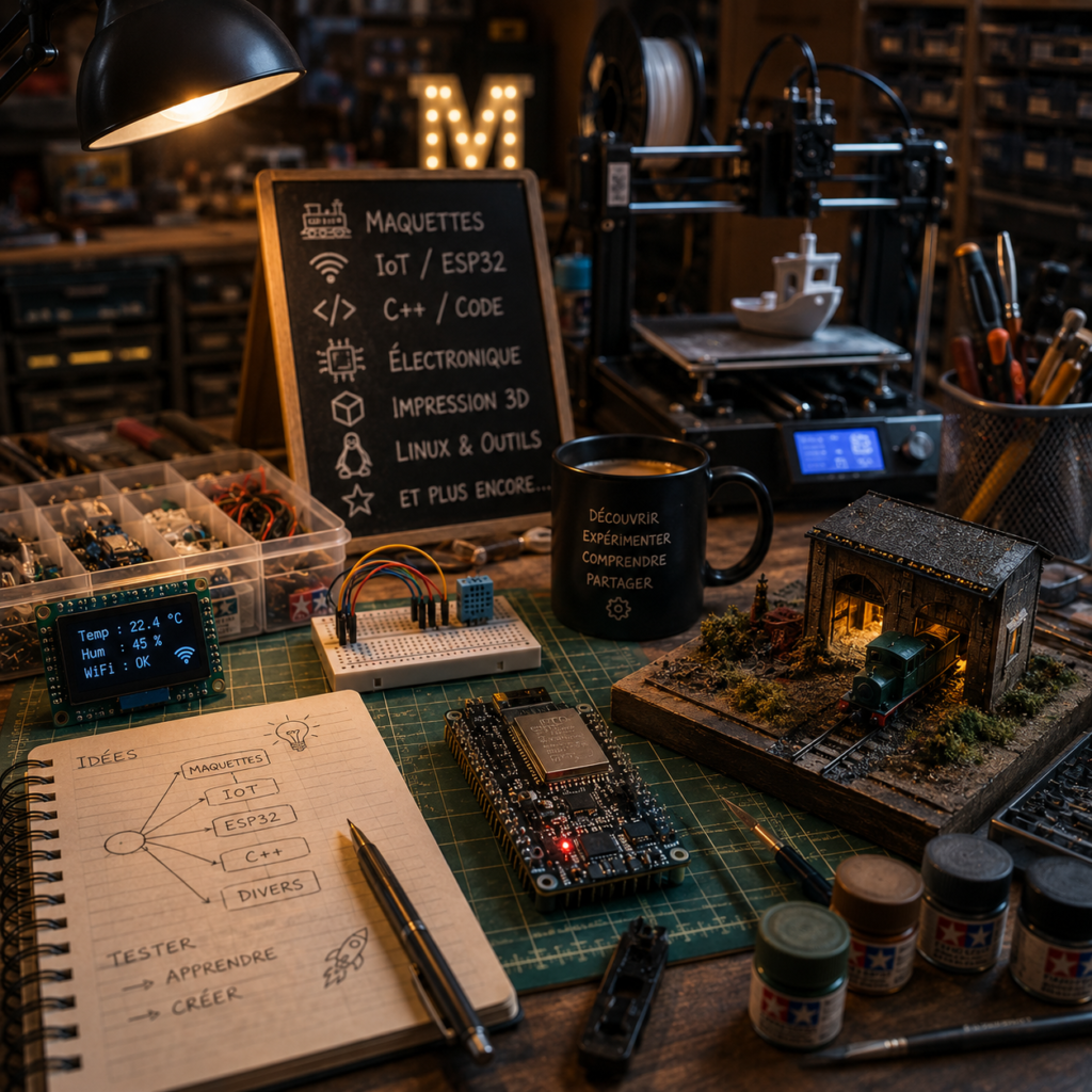 Illustration représentant les projets personnels de Morfredus mêlant maquettes, ESP32, électronique et expérimentations techniques.