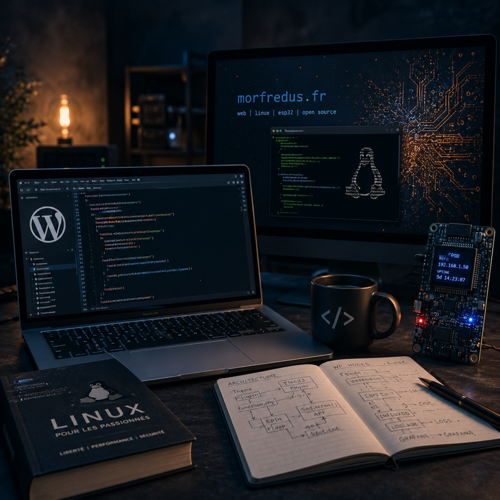 Illustration représentant l'univers Web & Tech de Morfredus avec développement WordPress, Linux, programmation et électronique ESP32.