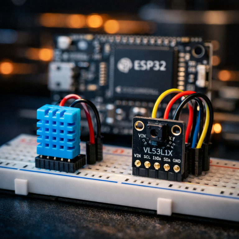 Montage électronique de capteurs DHT11 et laser VL53L1X connectés à une carte ESP32